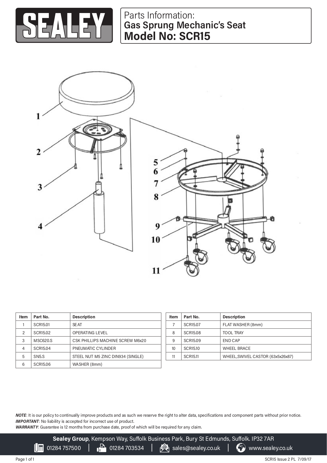 Sealey SCR15 Parts Listing
