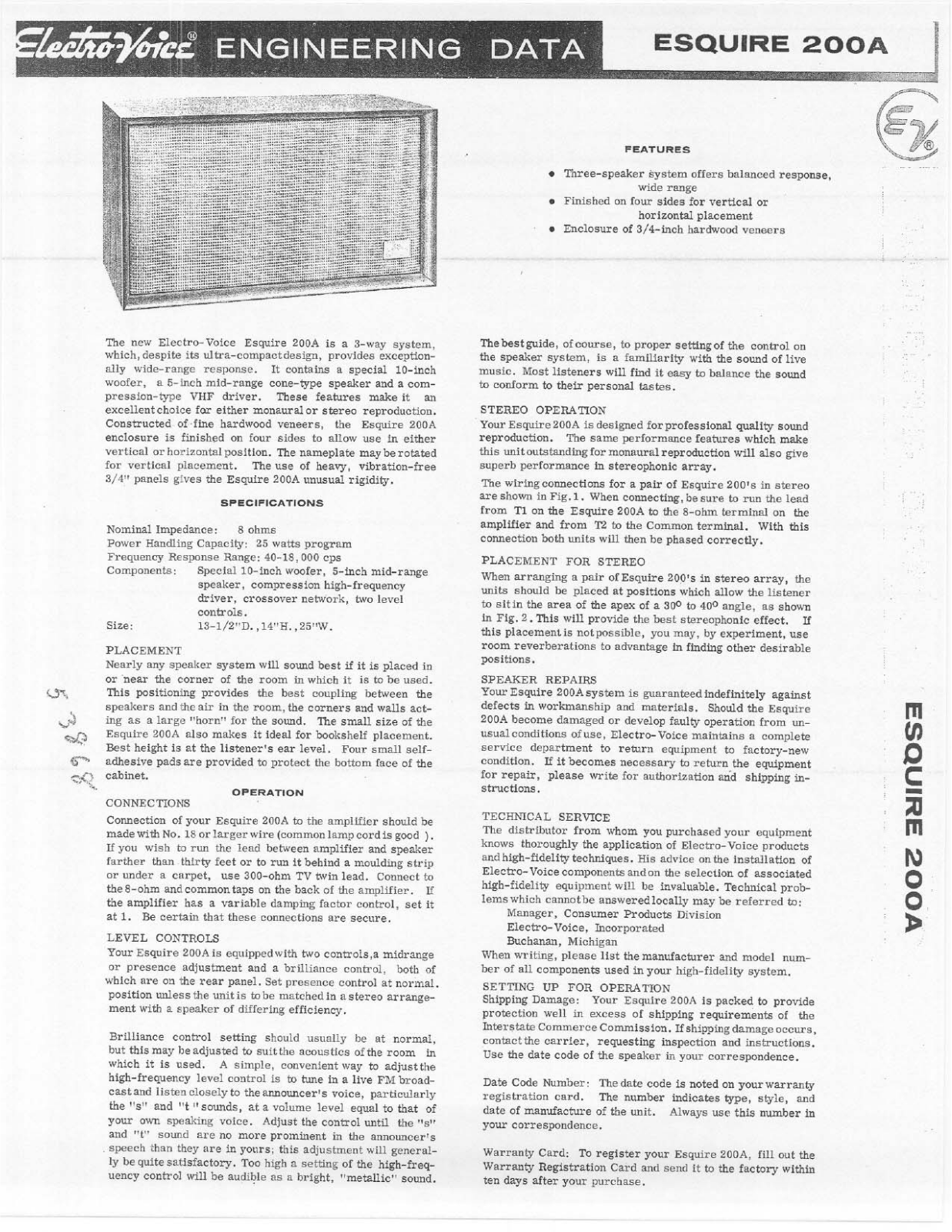 Electro-voice ESQUIRE 200A DATASHEET