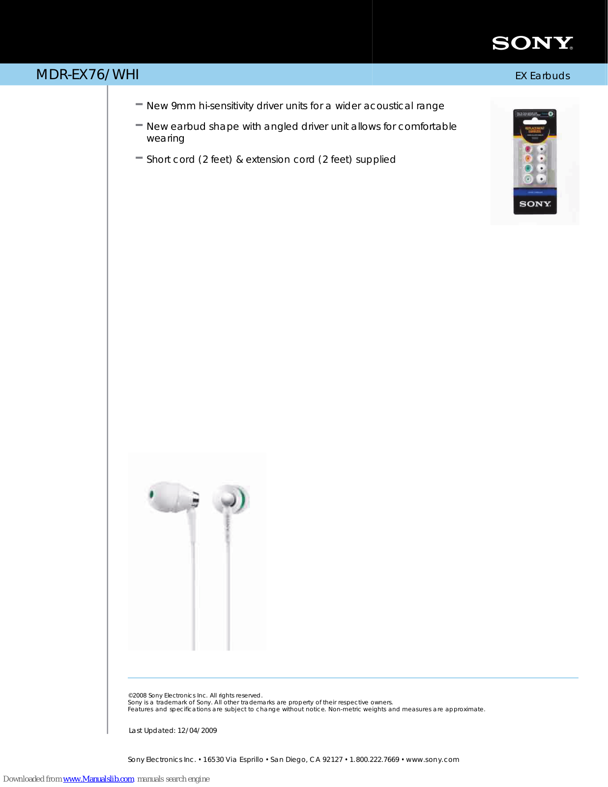 Sony MDR-EX76 Marketing Specifications (White), MDR-EX76/WHI Specifications