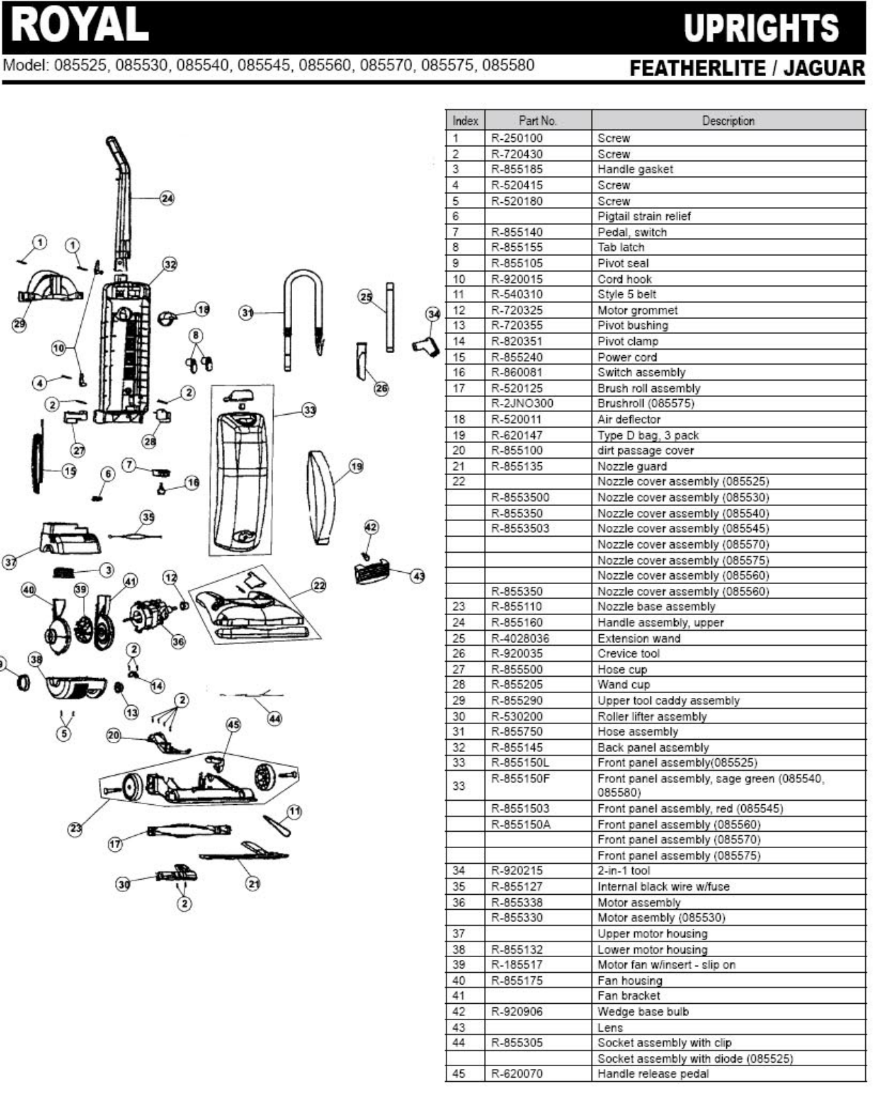 Royal 085575 Parts List