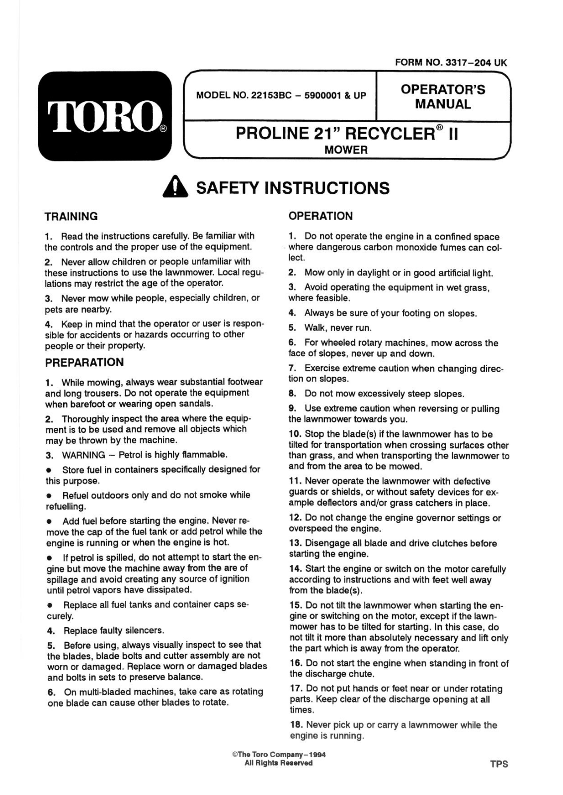 Toro 22153BC Operator's Manual