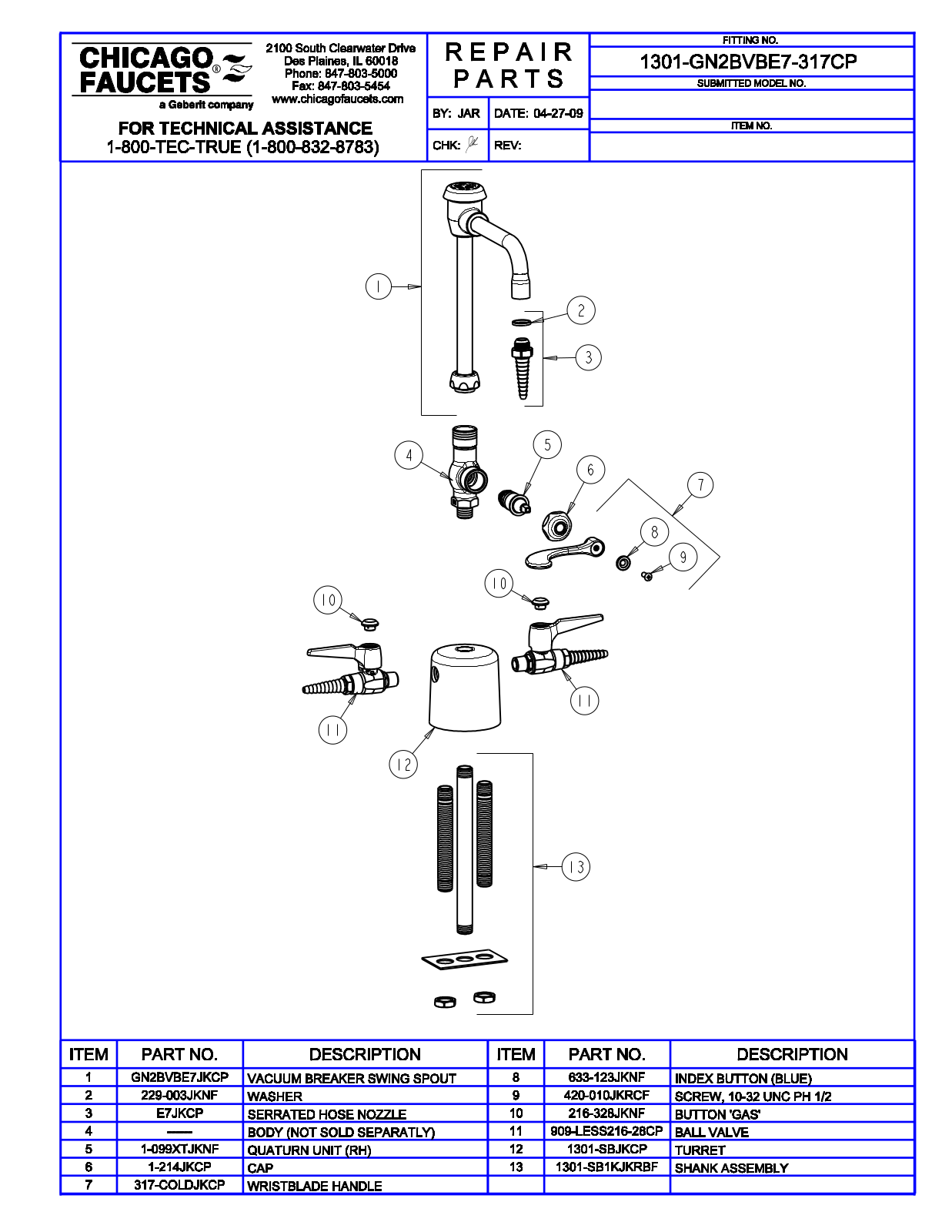 Chicago Faucet 1301-GN2BVBE7-317CP Parts List