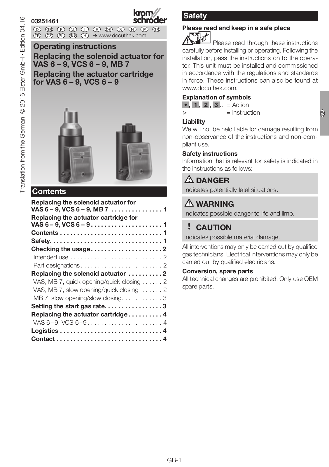 Kromschroder MB 7, VCS 6-9, VAS 6-9 Operating Instructions Manual