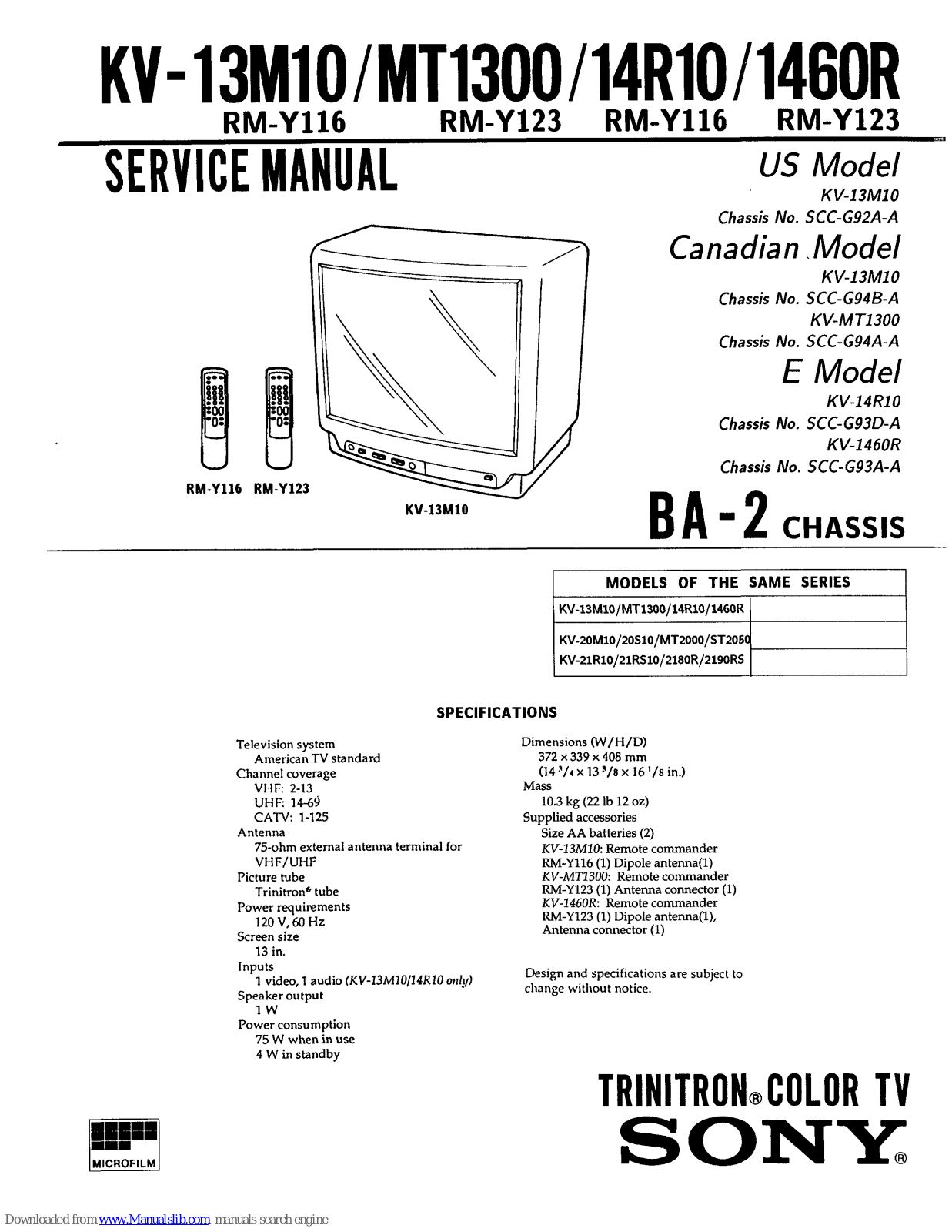 Sony Trinitron KV-13M10, Trinitron KV-MTI300, Trinitron KV-1460R, Trinitron KV-14R10 Service Manual