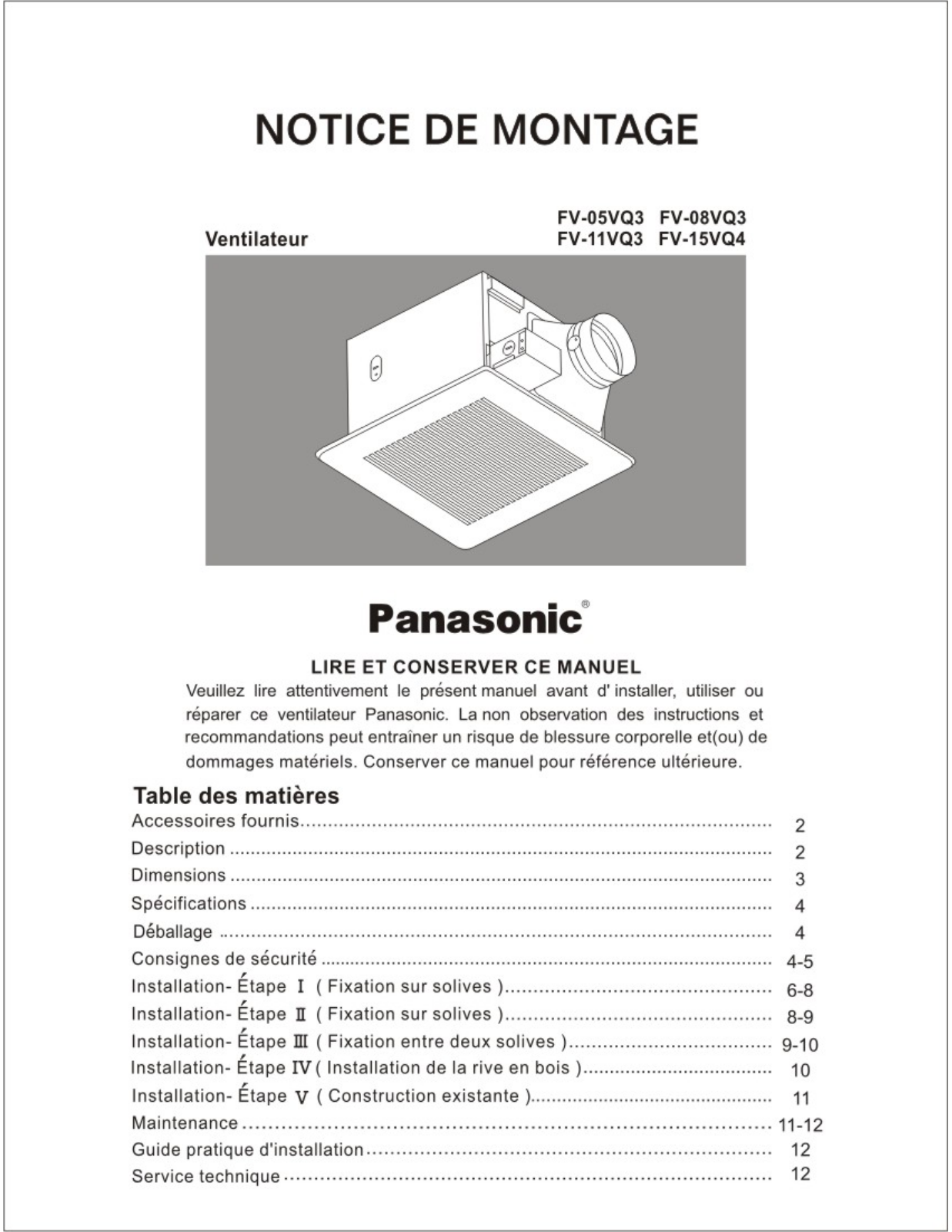 Panasonic fv-1xvq4, fv-0xvq3 Operation Manual