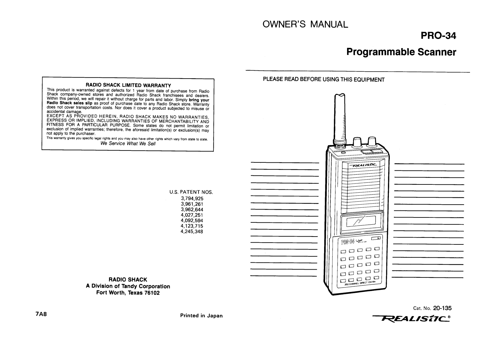 Realistic   RadioShack PRO-34 Owners Manual