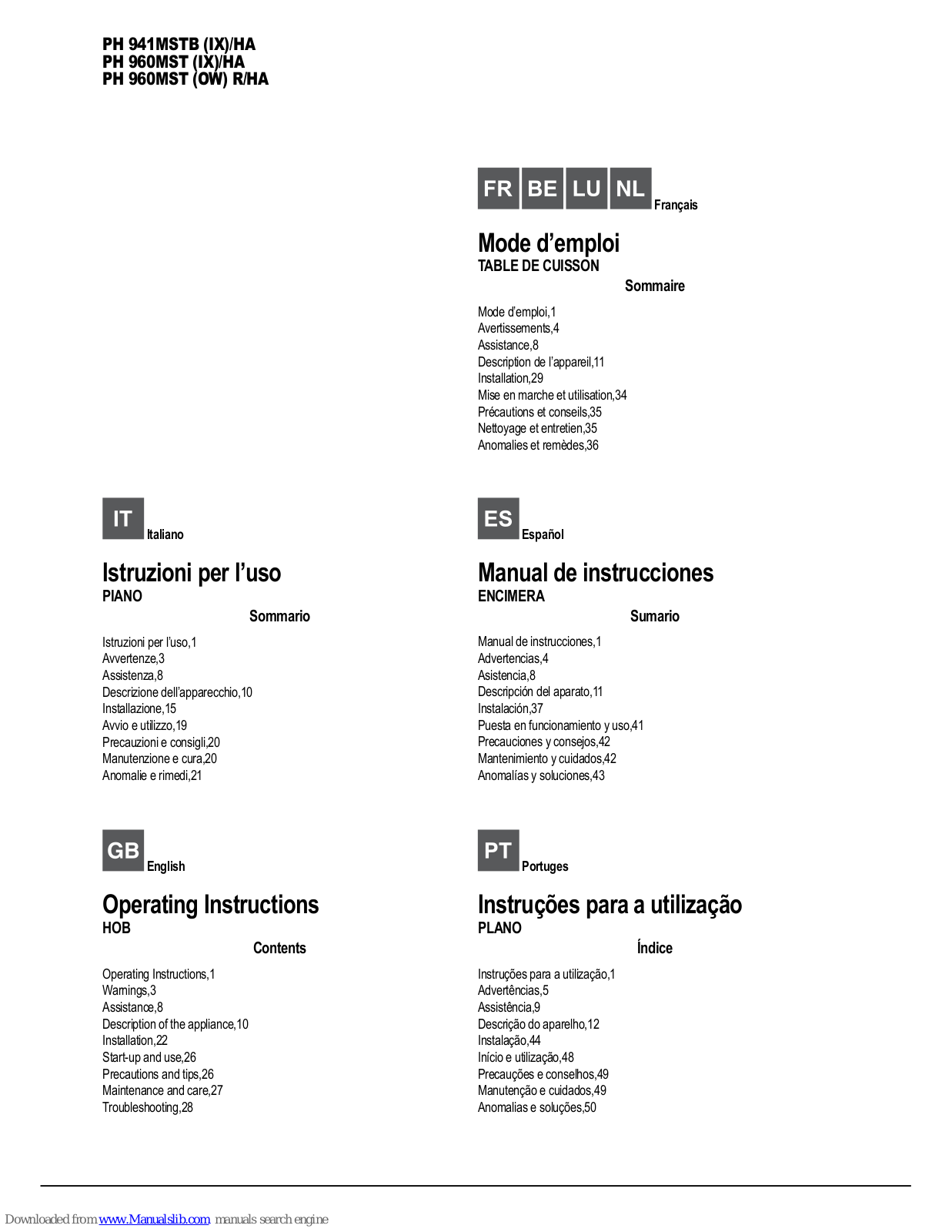 Hotpoint PH 941MSTB (IX)/HA, PH 960MST (OW) R/HA, PH 960MST (IX)/HA Operating Instructions Manual