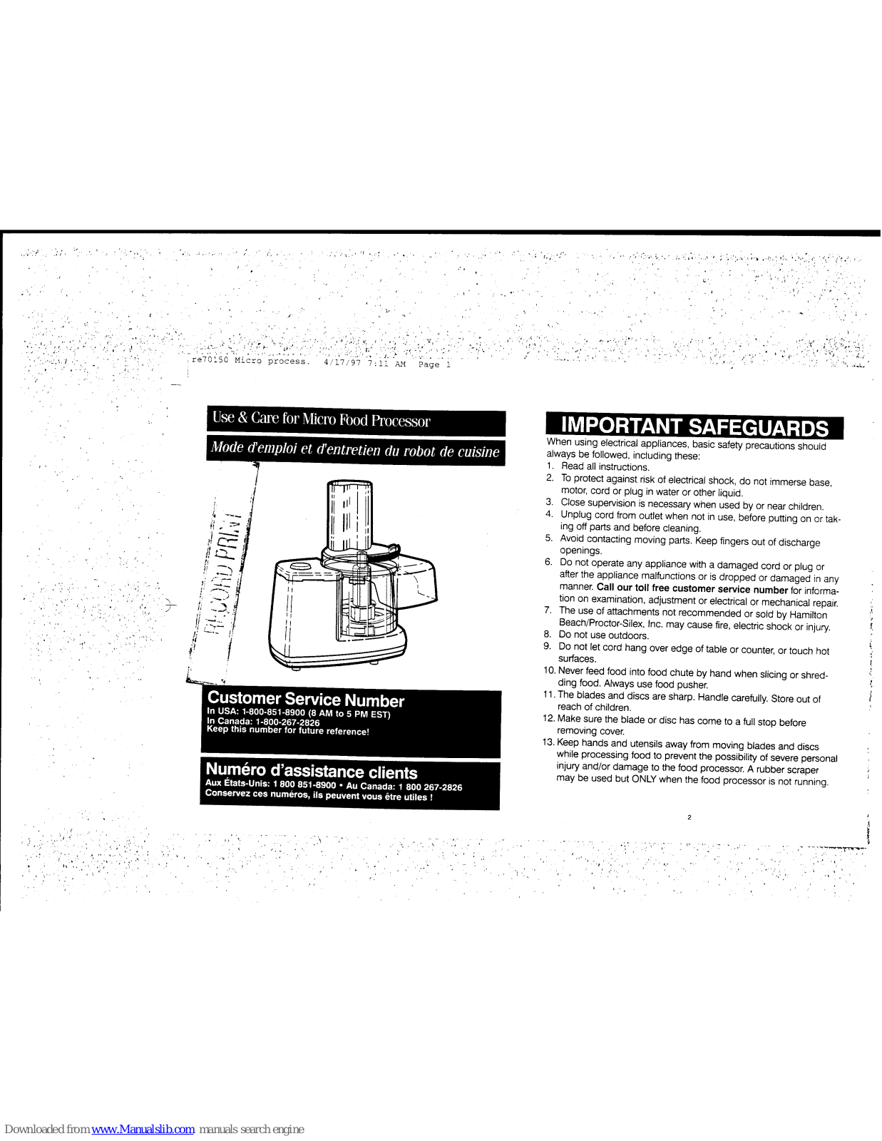 HAMILTON BEACH 70150 Use And Care Manual