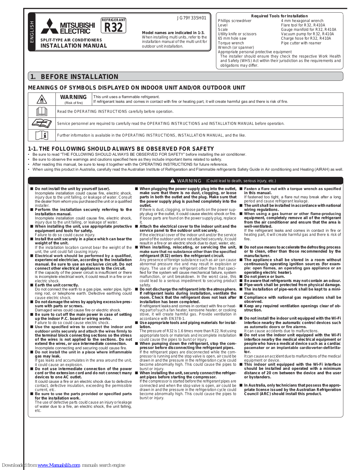 Mitsubishi MSZ-AP35VG(K)D, MUZ-AP25VG(D), MSZ-AP42VG(K)D, MSZ-AP25VG(K)D, MSZ-AP50VG(K)D Installation Manual