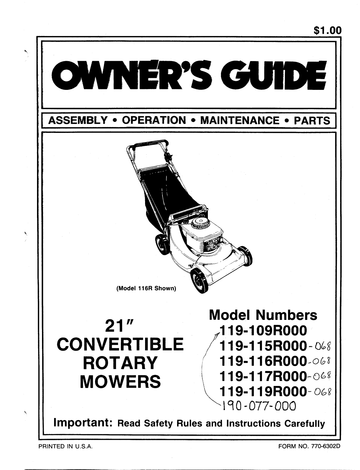 Bolens 119-115R000-068, 190-077-000, 119-117R000-068, 119-116R000-068, 119-109R000 User Manual