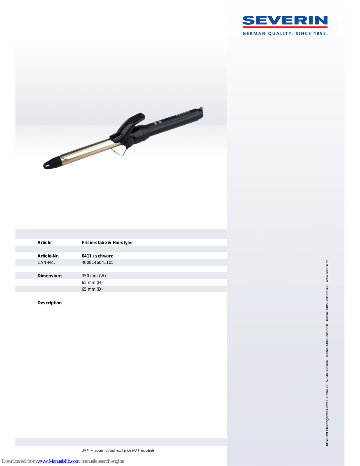 SEVERIN CURLING IRON 0411, 411 Dimensions