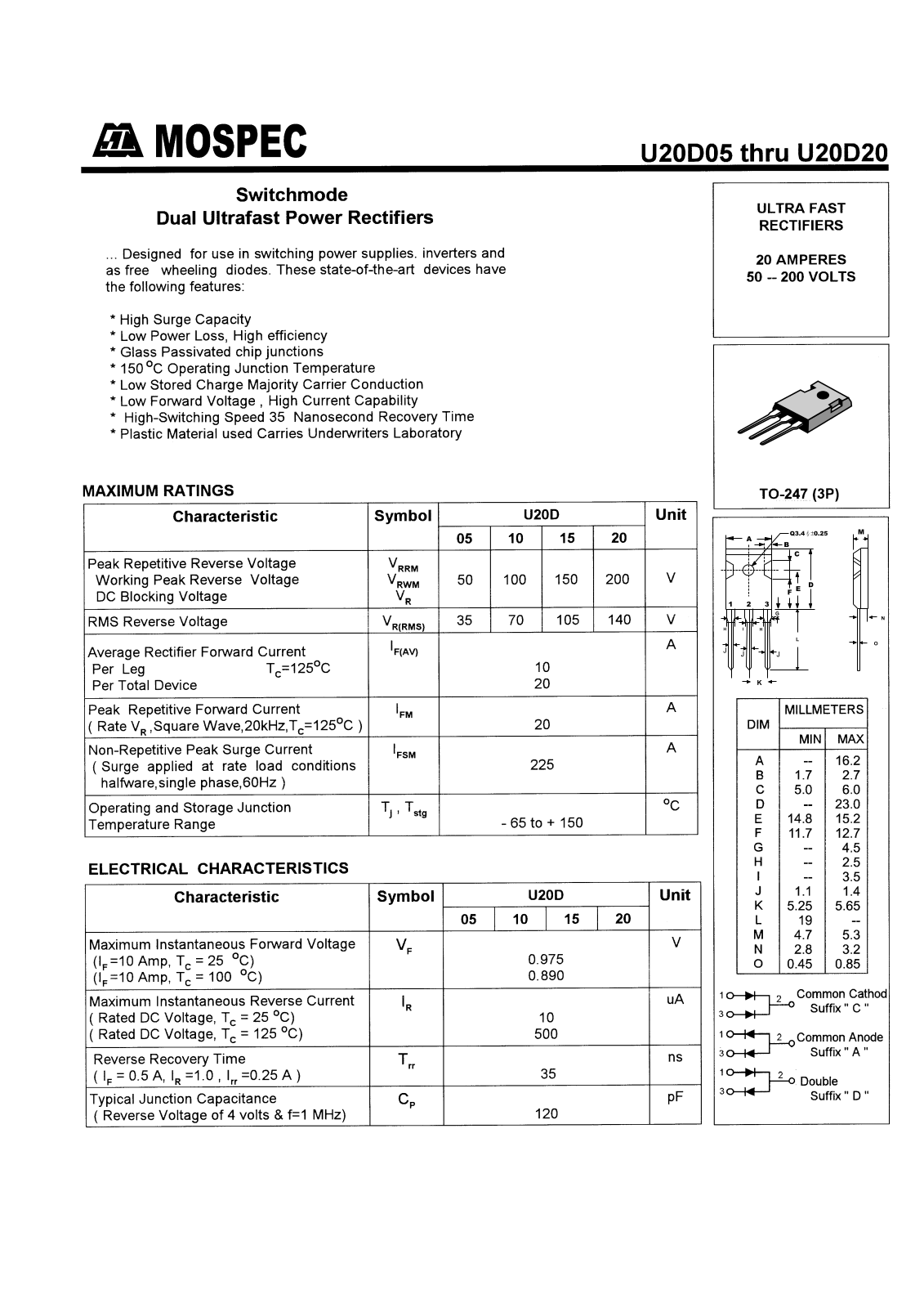 MOSPEC U20D20, U20D15, U20D05, U20D10 Datasheet