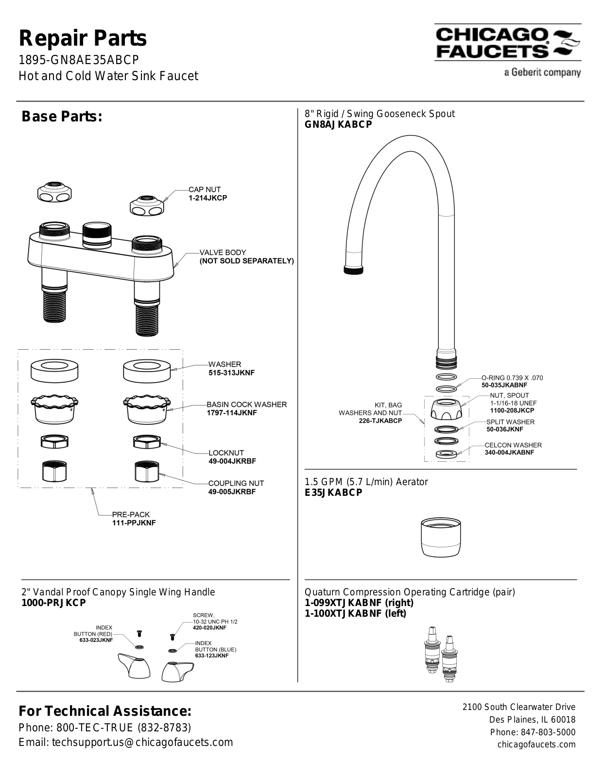 Chicago Faucet 1895-GN8AE35AB Parts List