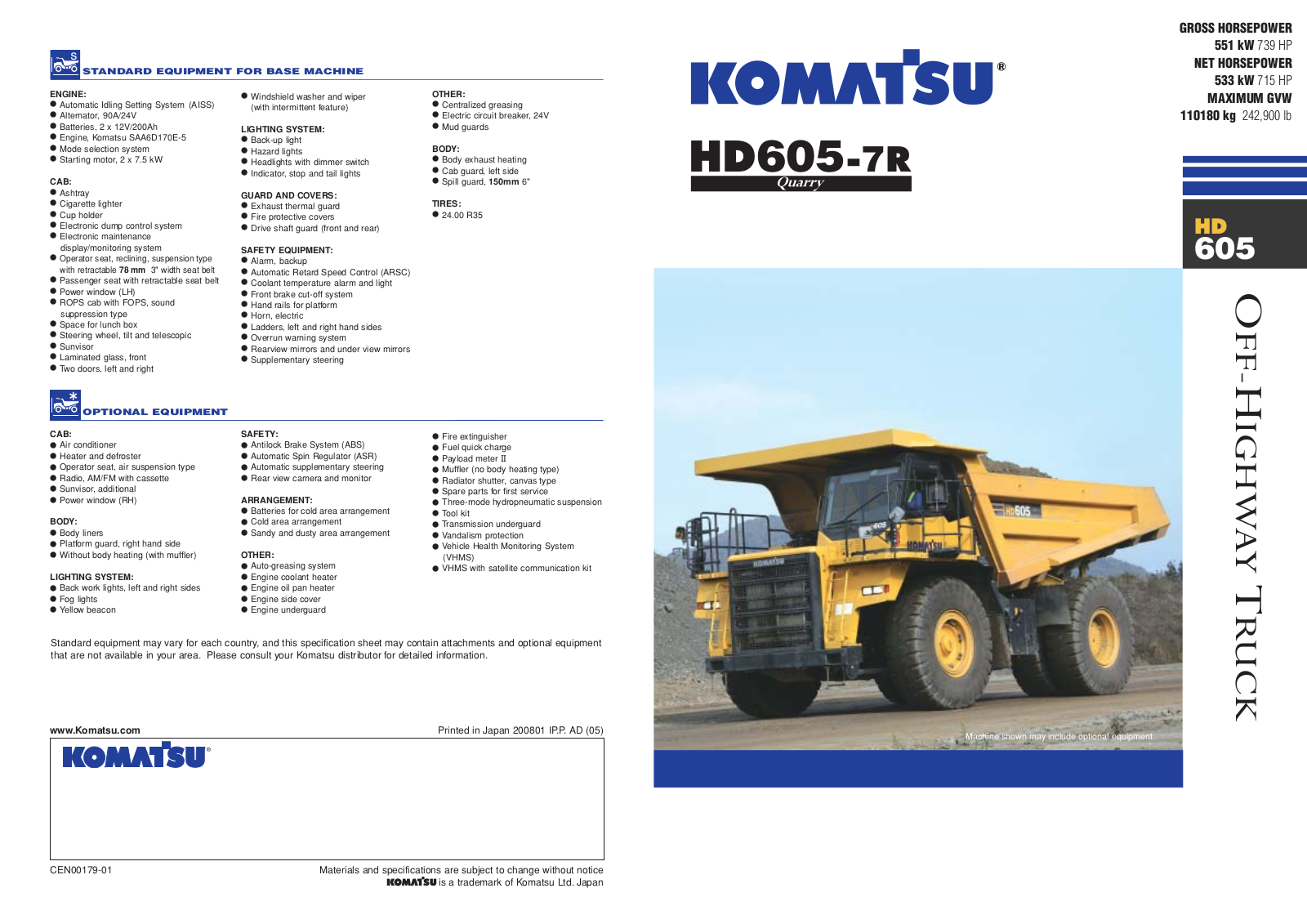 komatsu HD605-7R SPECIFICATIONS