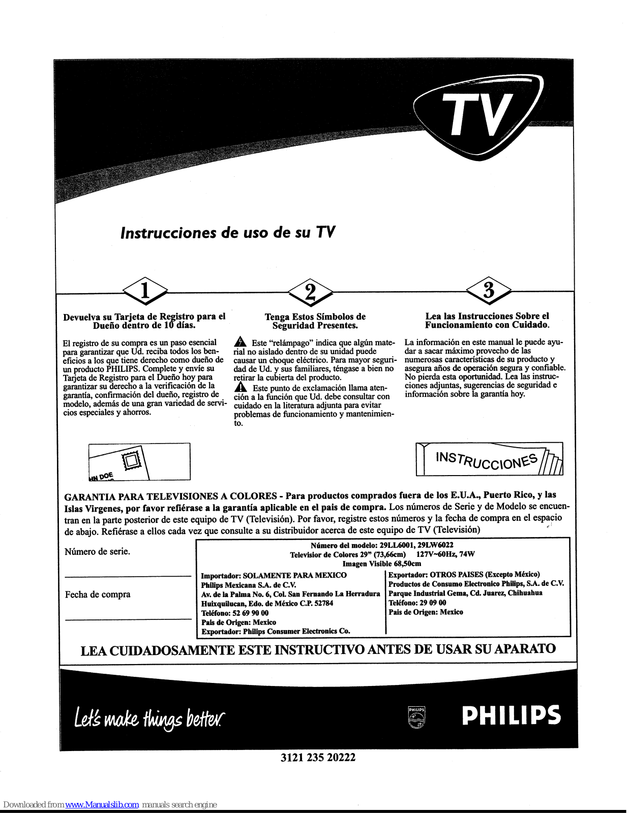 Philips 27-COLOR TV W-STEREO-REMOTE CONTROL 29LL600, 27-CTV W-REMOTE CONT-DBX STEREO 29LW602, 29LL6001, 29LW6022, 29LL600 Instrucciones De Uso