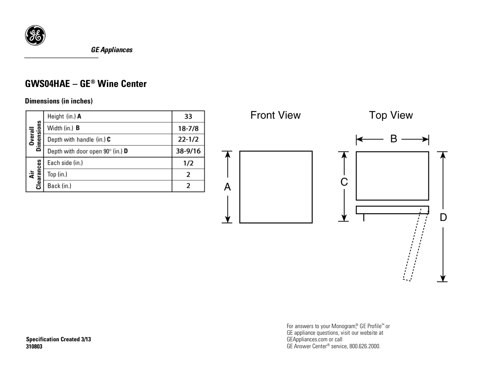 General Electric GWS04HAESS Specsheet