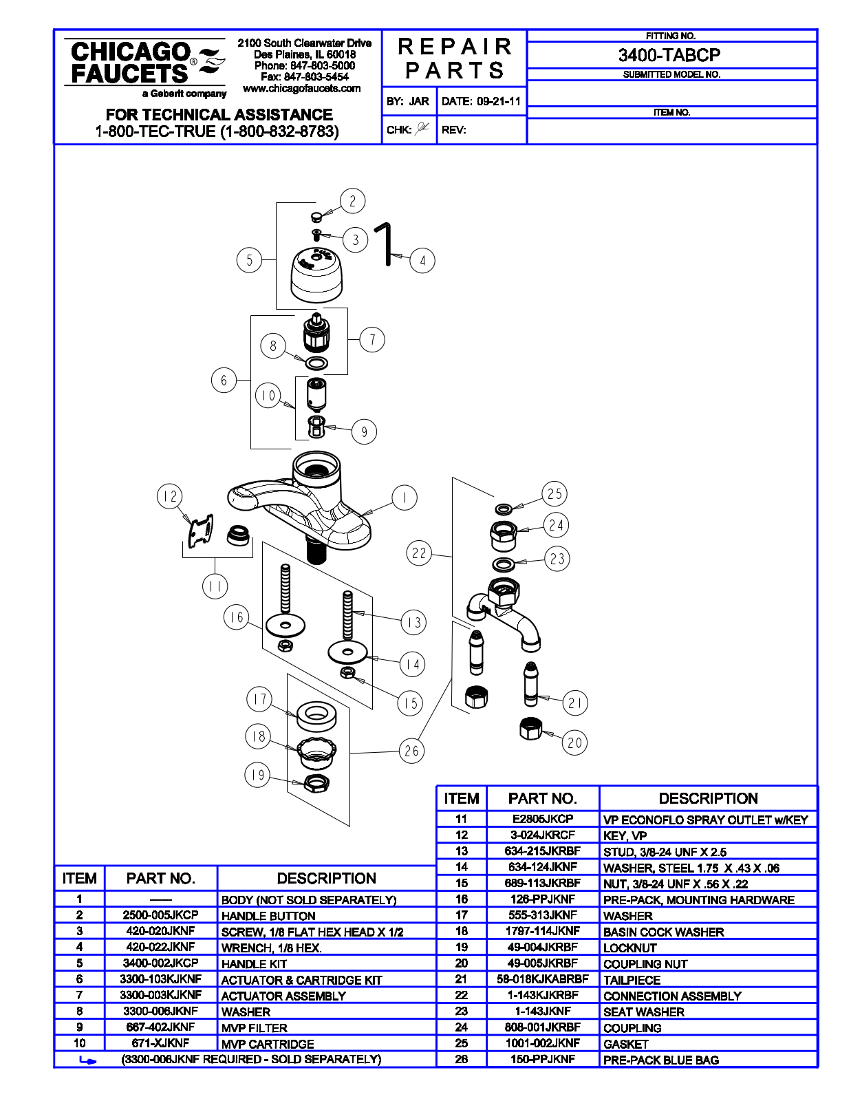 Chicago Faucet 3400-TABCP Parts List