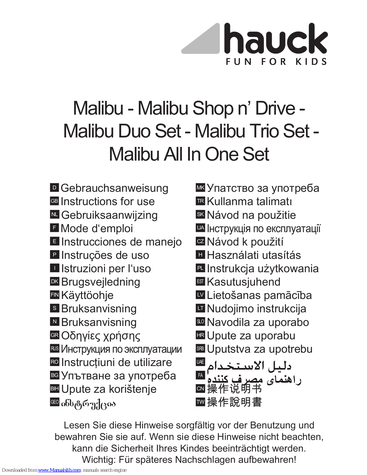 Hauck Malibu Duo Set, Malibu Shop n’ Drive, Malibu Trio Set, Malibu All In One Set Instructions For Use Manual