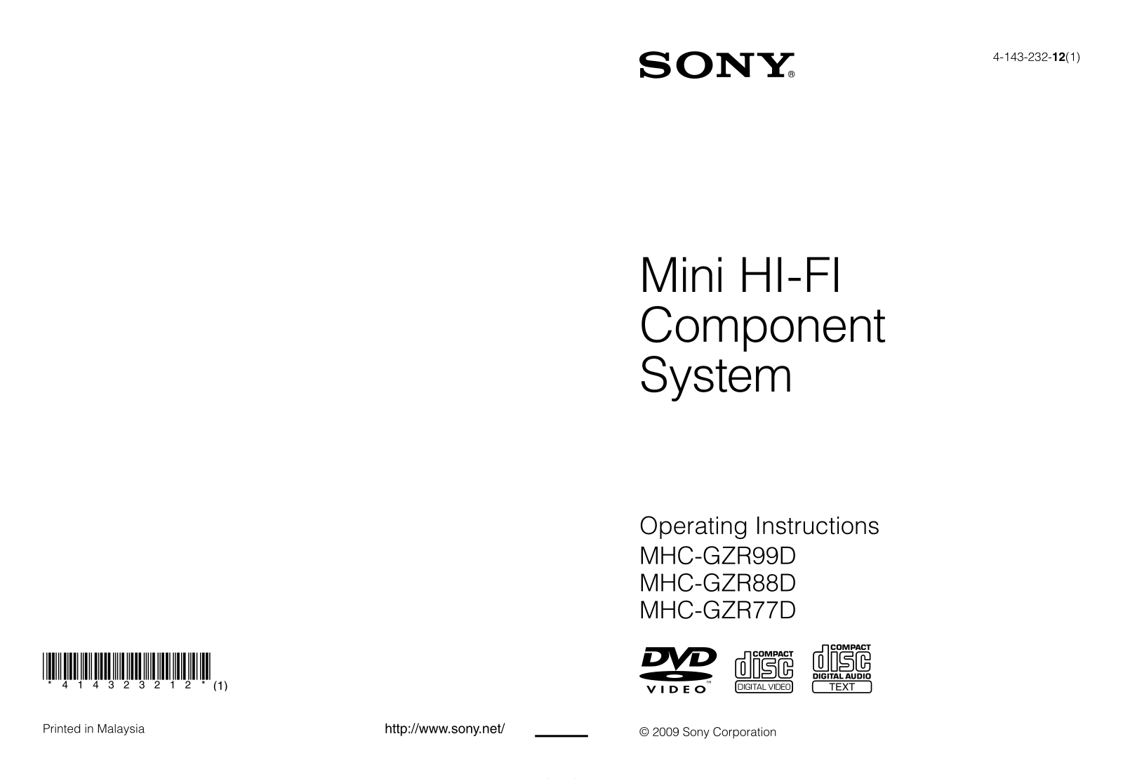 Sony mhc-gzr99d, mhc-gzr77d, mhc-gzr88d Operating Instructions Manual