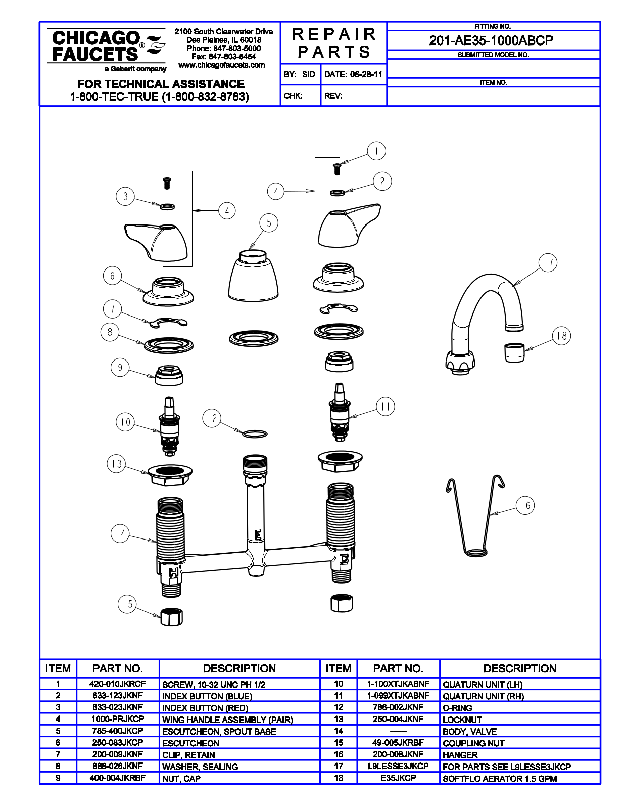 Chicago Faucet 201-AE35-1000AB Parts List