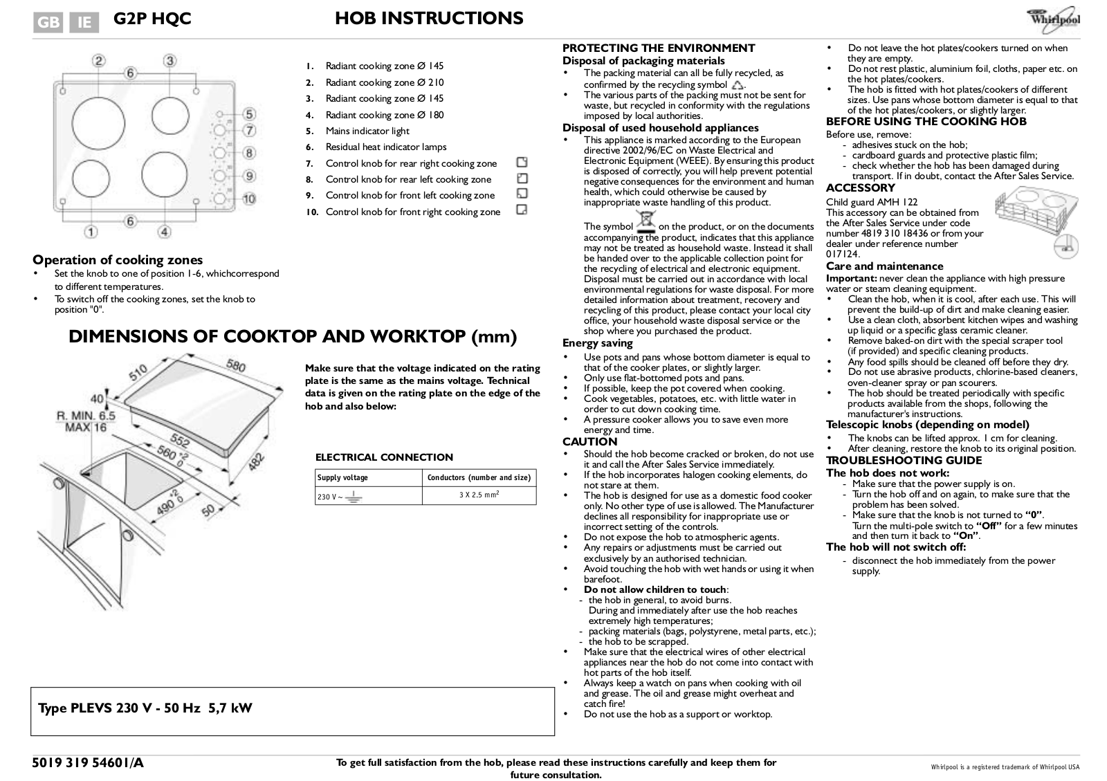 Whirlpool G2P HQC PROGRAM CHART