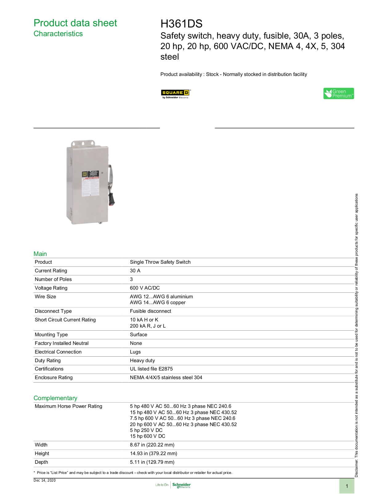 Square D H361DS Data Sheet