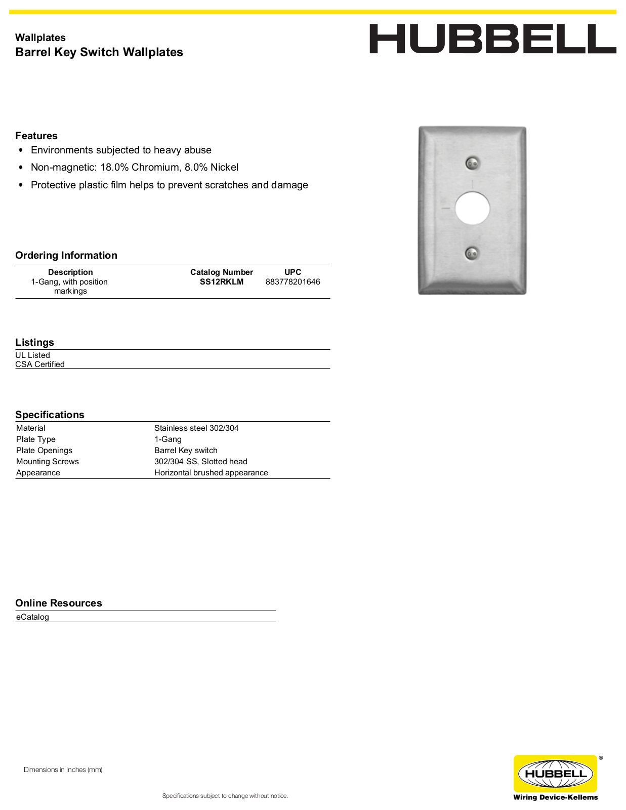 Hubbell SS12RKLM Specifications