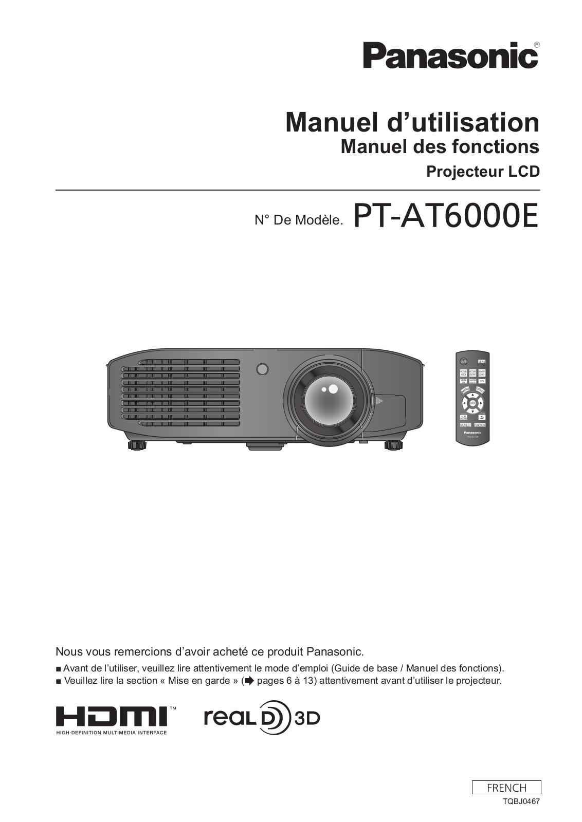 PANASONIC PT-AT6000E User Manual