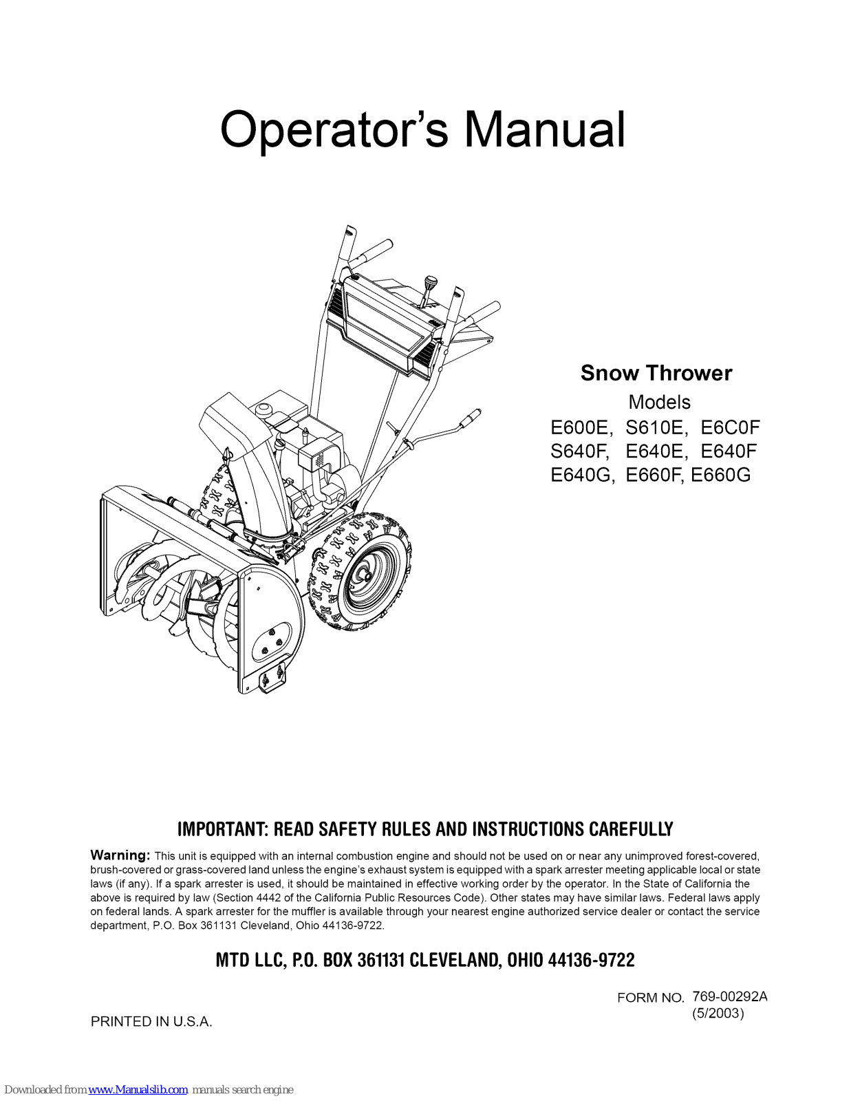 MTD S640F, E640E, E6COF, E640G Operator's Manual - ManualMachine.com