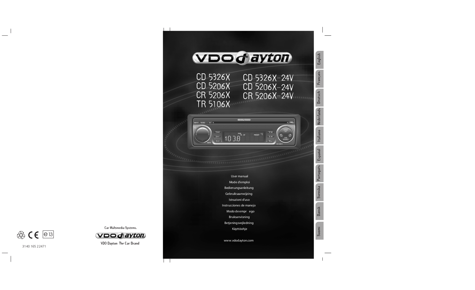Vdo dayton CR 5206 X - 24V, TR 5106 X, CD 5206 X - 24, CD 5326 X - 24V, CD 5206 X Manual