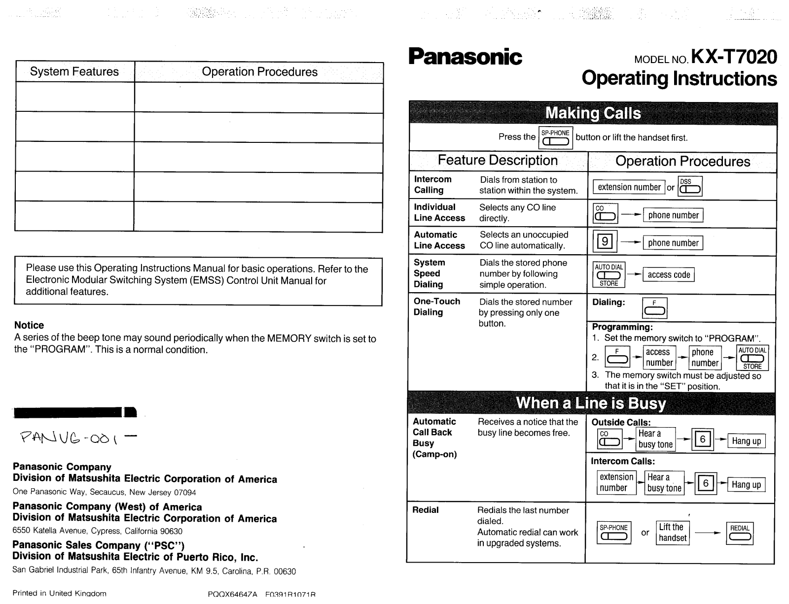 PANASONIC KX-T7020 User Guide