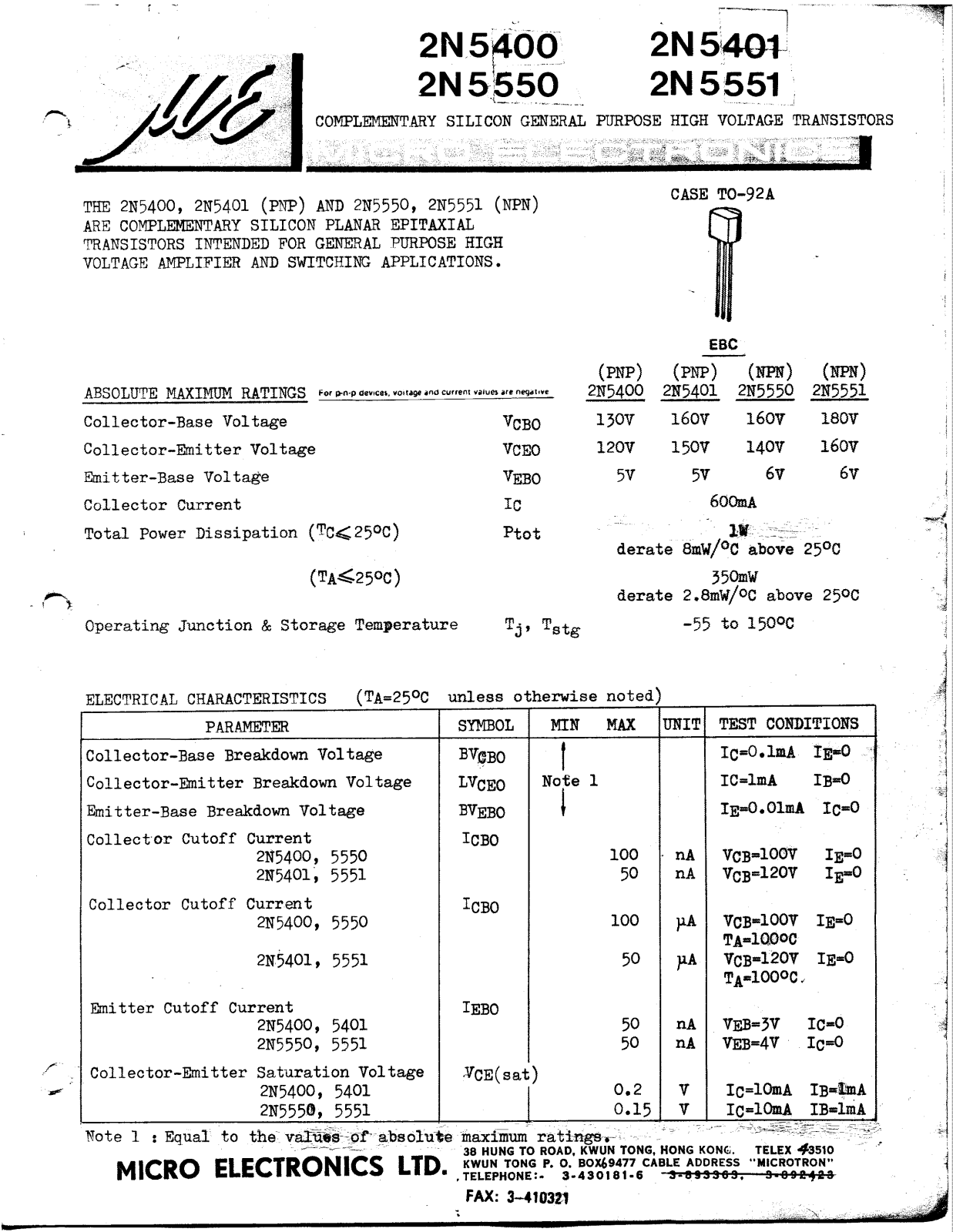 ME 2N5551, 2N5550, 2N5400, 2N5401 Datasheet