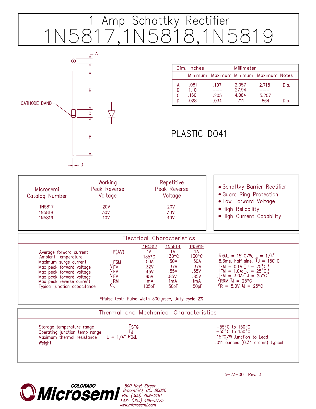 Microsemi Corporation 1N5819, 1N5818, 1N5817 Datasheet