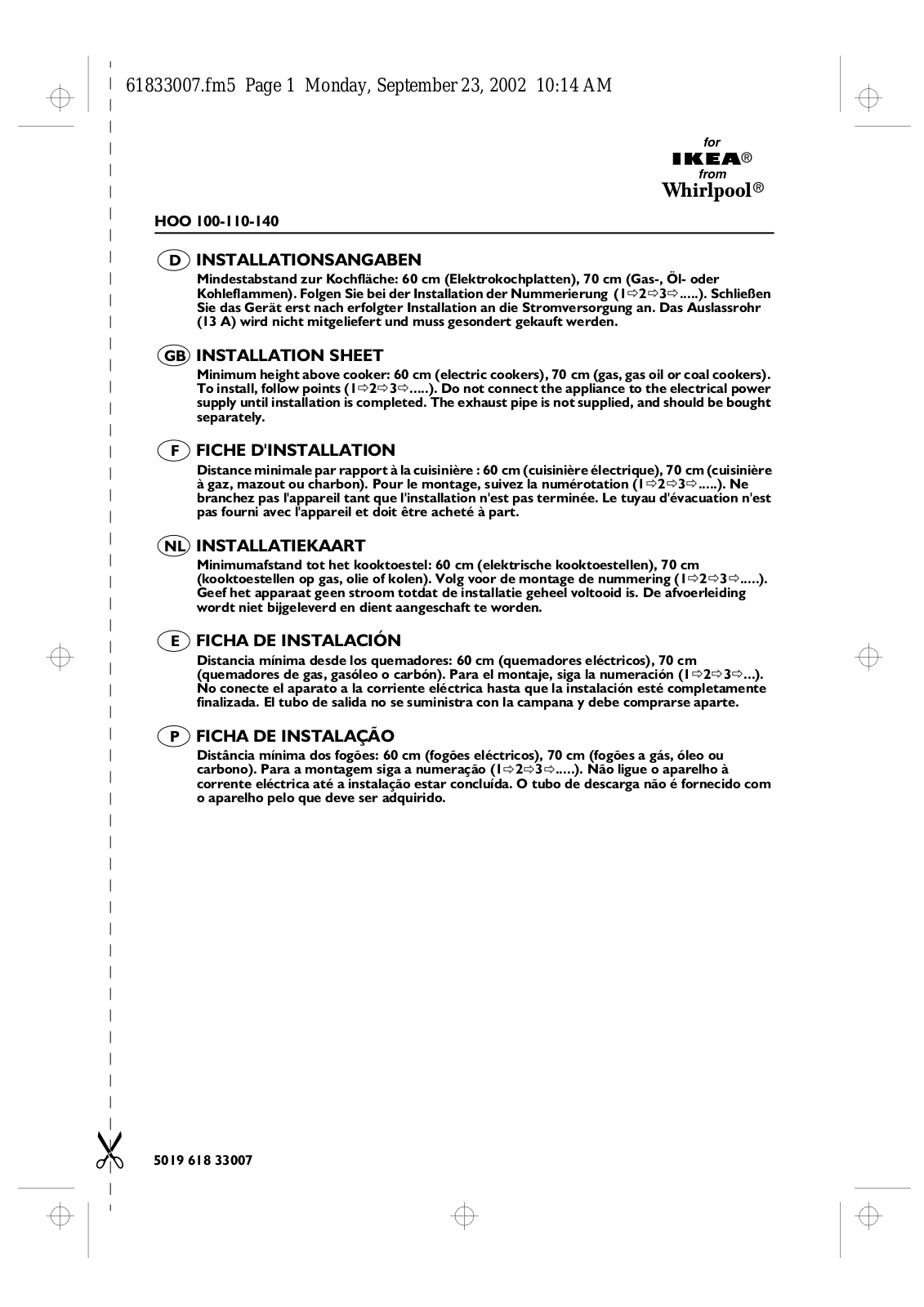 Whirlpool HOO 100 W, HOO 100 S INSTRUCTION FOR USE