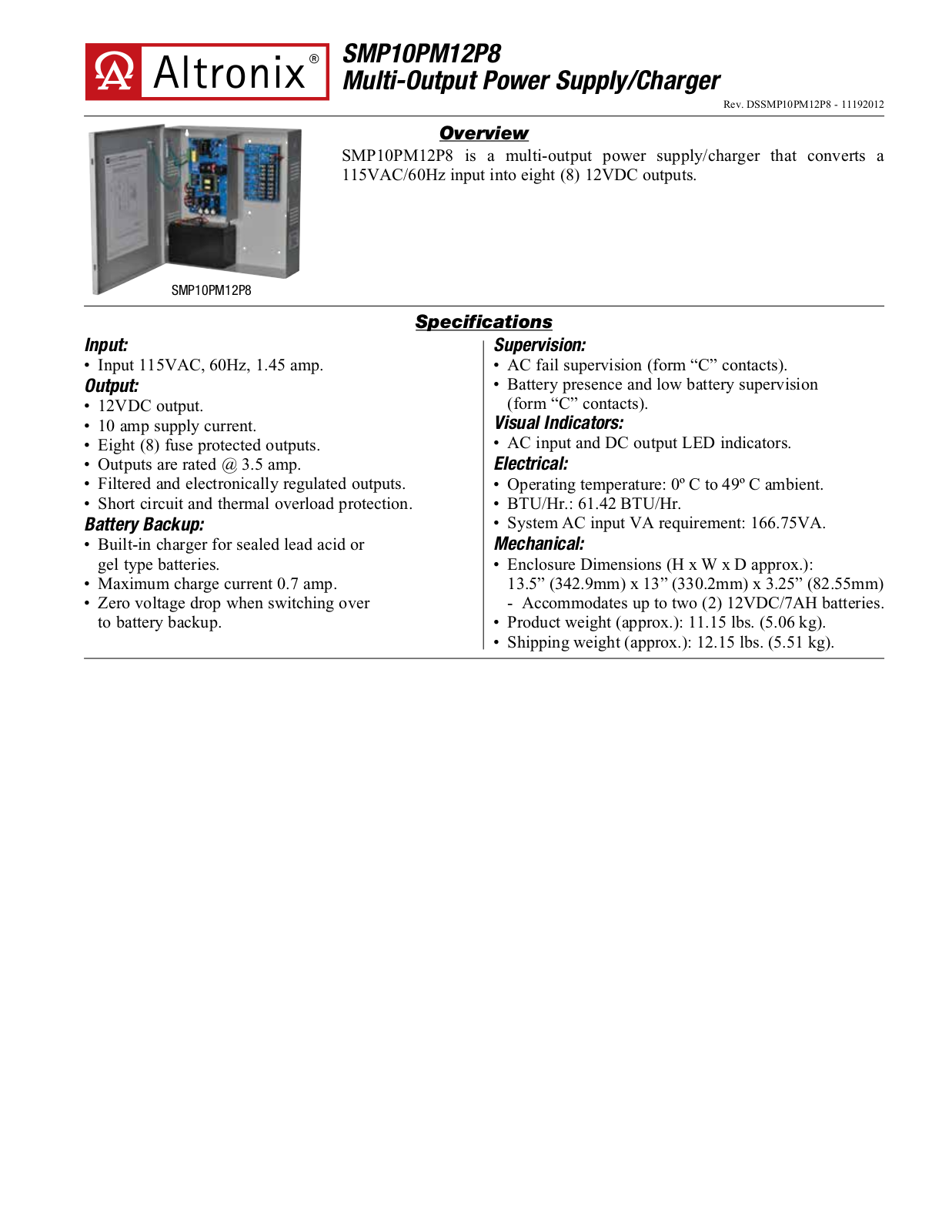 Altronix SMP10PM12P8 Specsheet