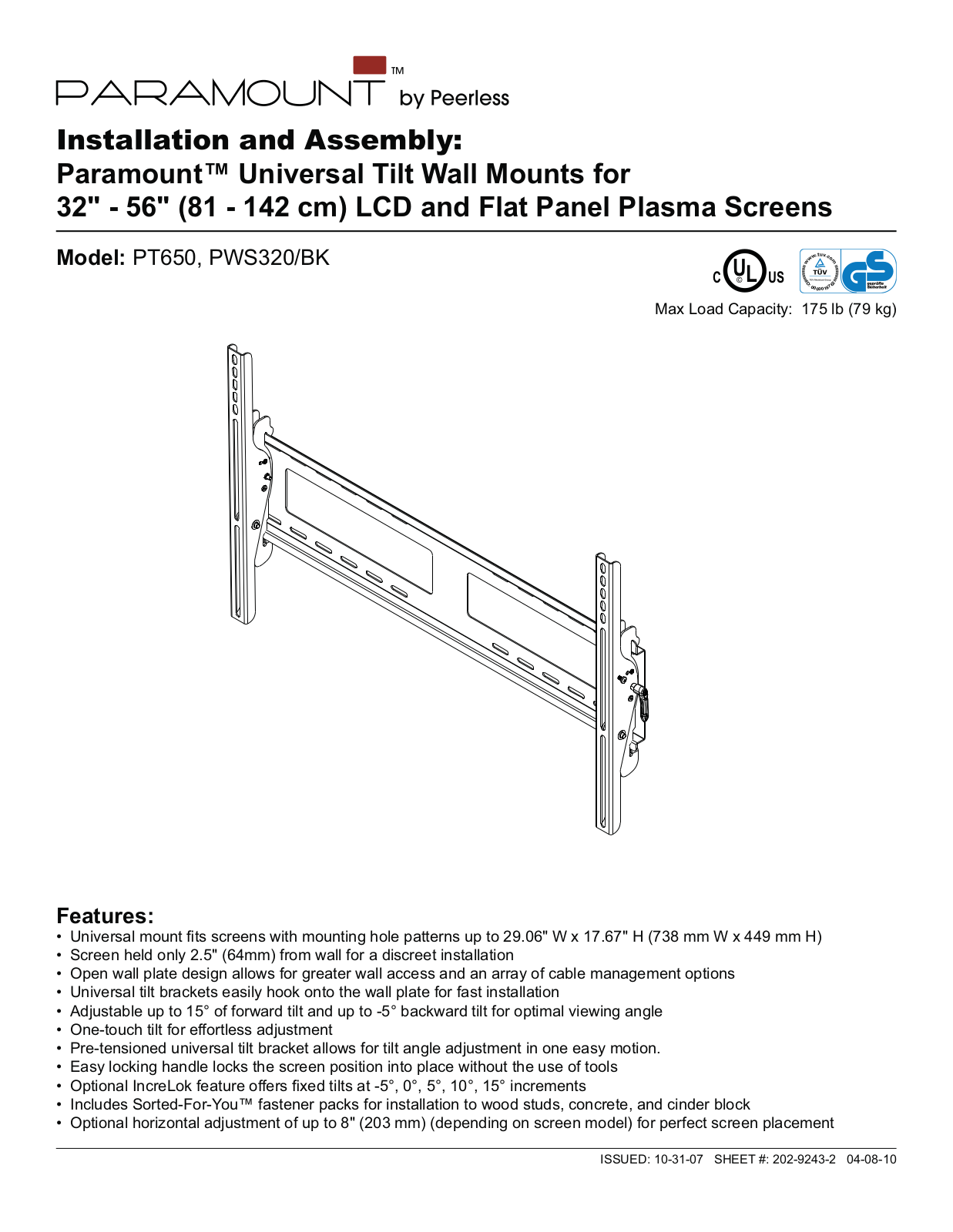 Peerless Industries PWS320-BK, PT650 User Manual