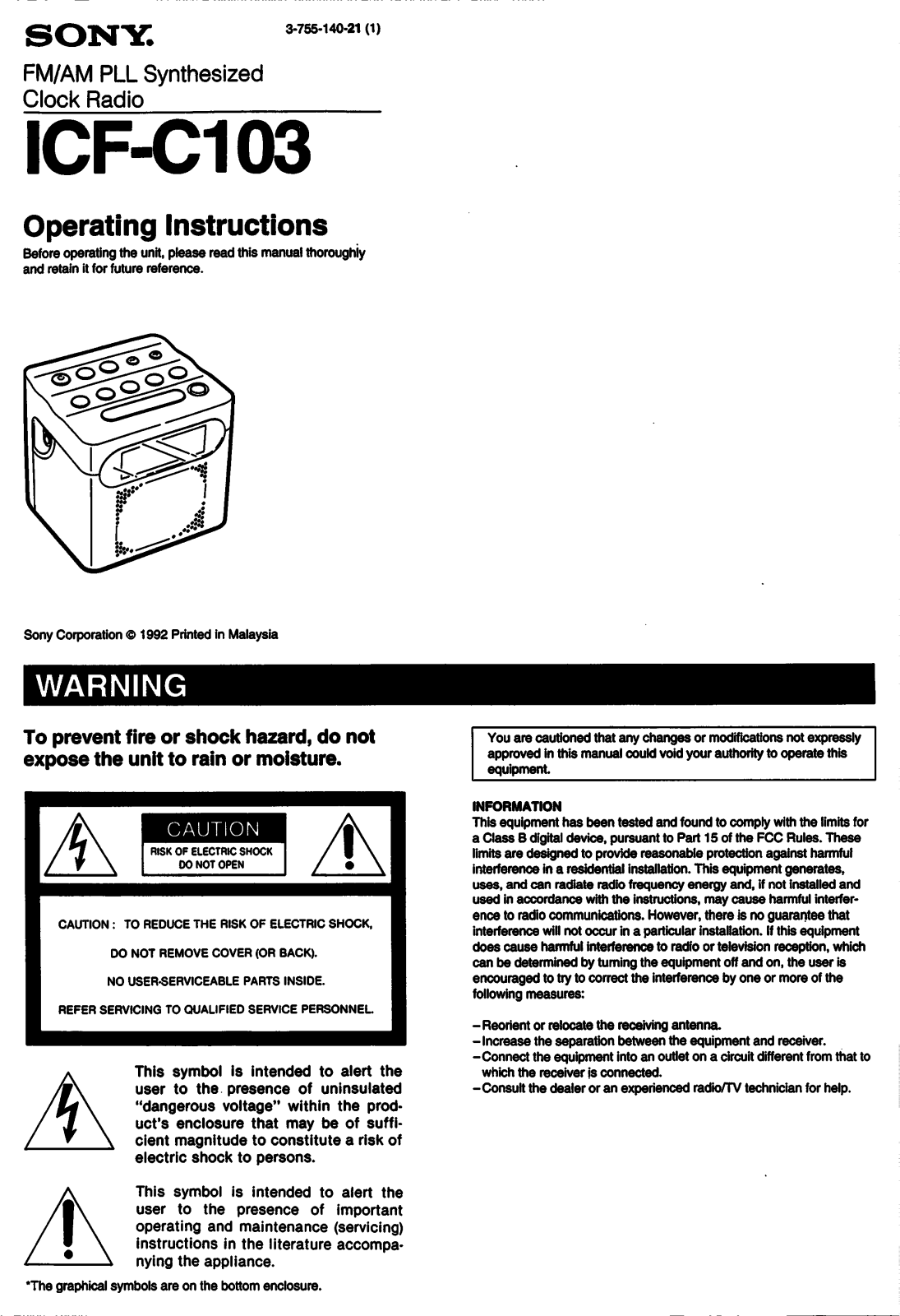 Sony ICF-C103 Operating Instructions