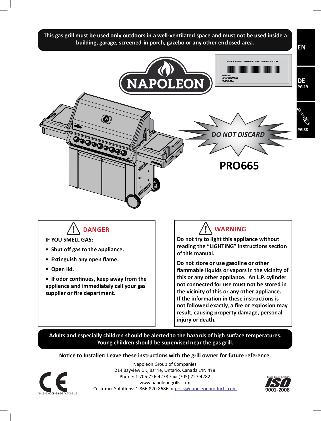 Napoleon PRO665 operation manual