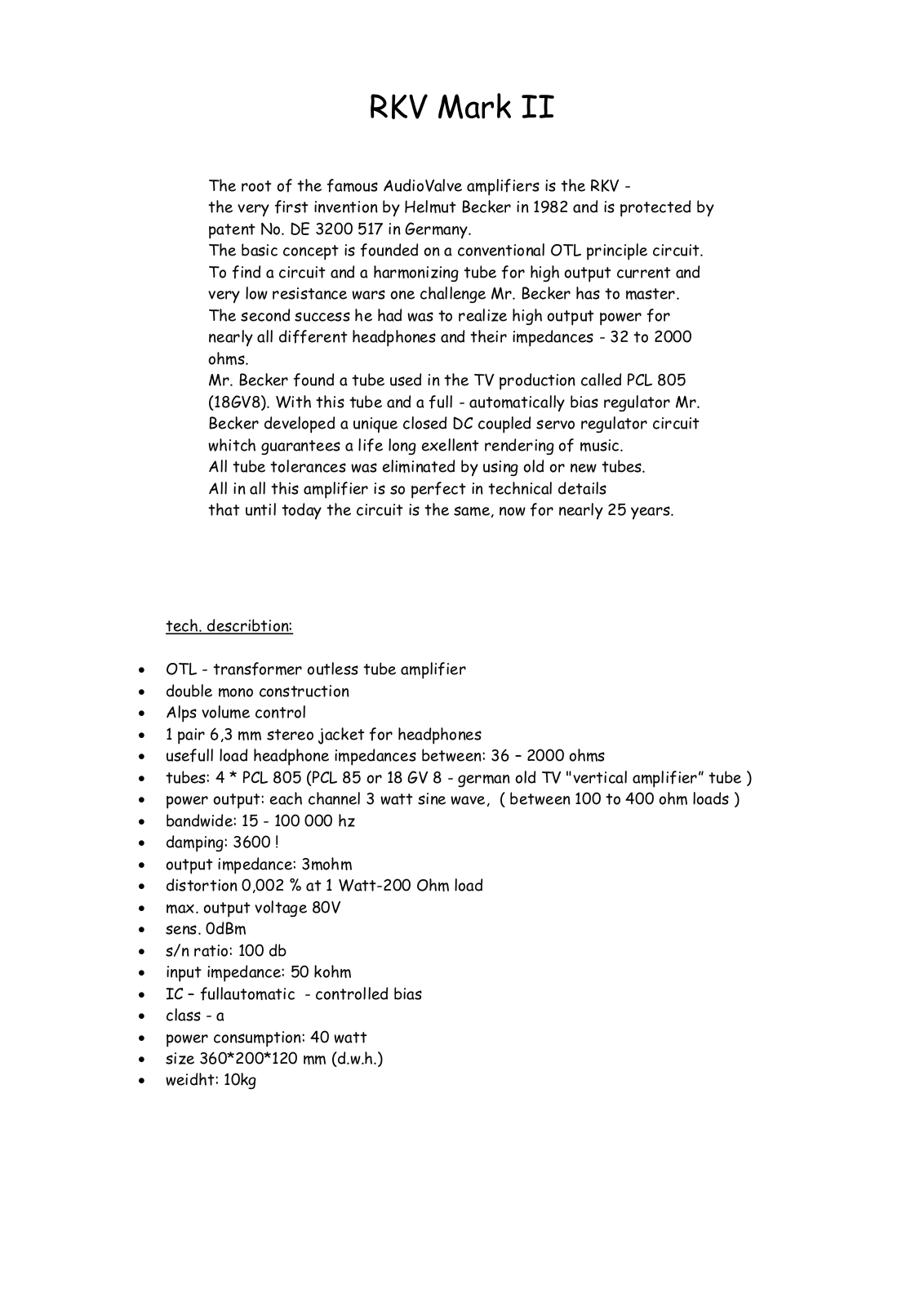 Audio Valve RKV Mk2 Brochure