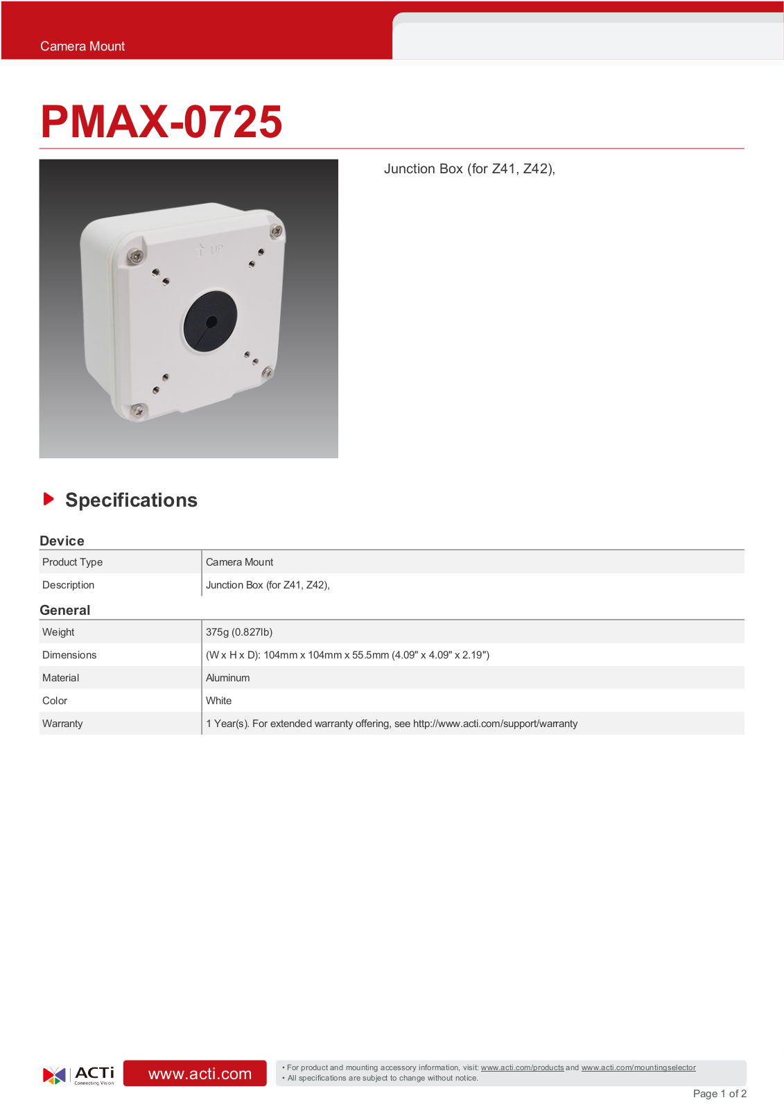 ACTi PMAX-0725 Specsheet