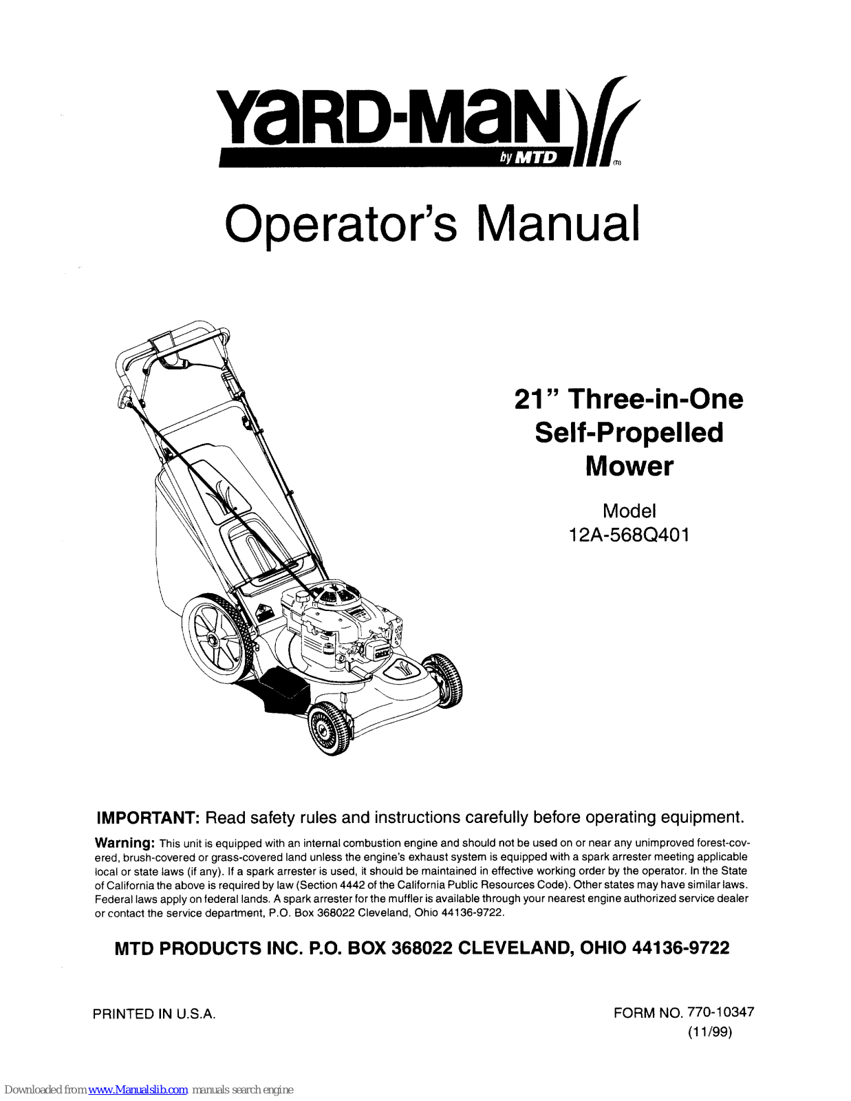 Yard-Man 12A-568Q401 Operator's Manual