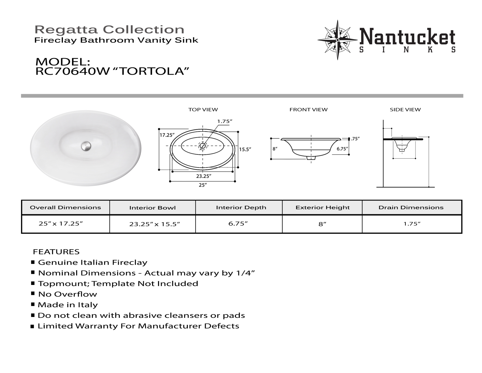 Nantucket RC70640W Specifications