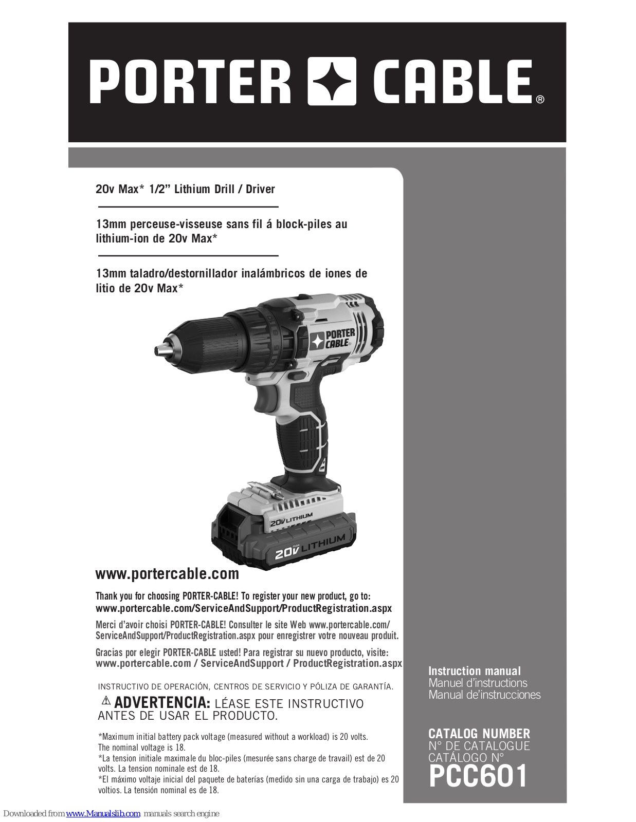 Porter-Cable PCC601, 20v Max* 1/2” Lithium-IonCordless Drill/Driver Instruction Manual