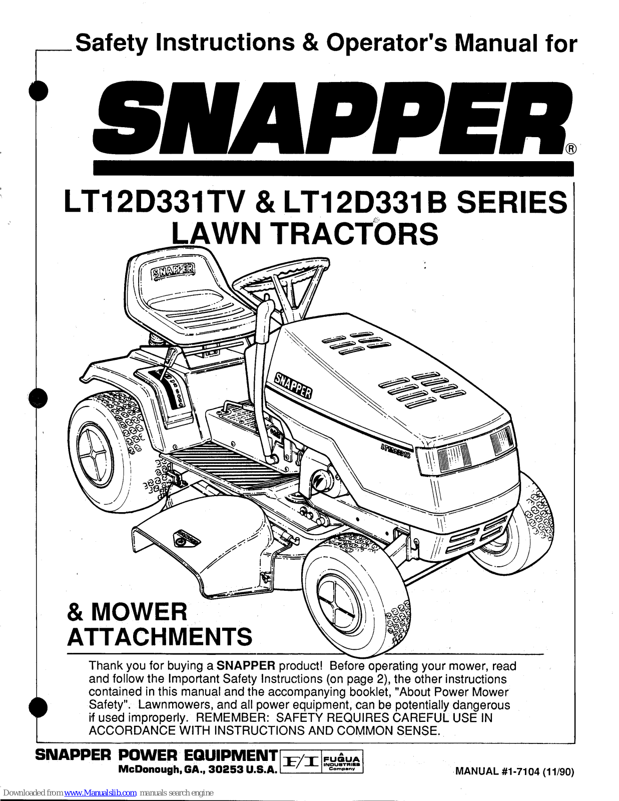 Snapper LT12D331B Series, LT12D331TV Series Safety Instructions & Operator's Manual