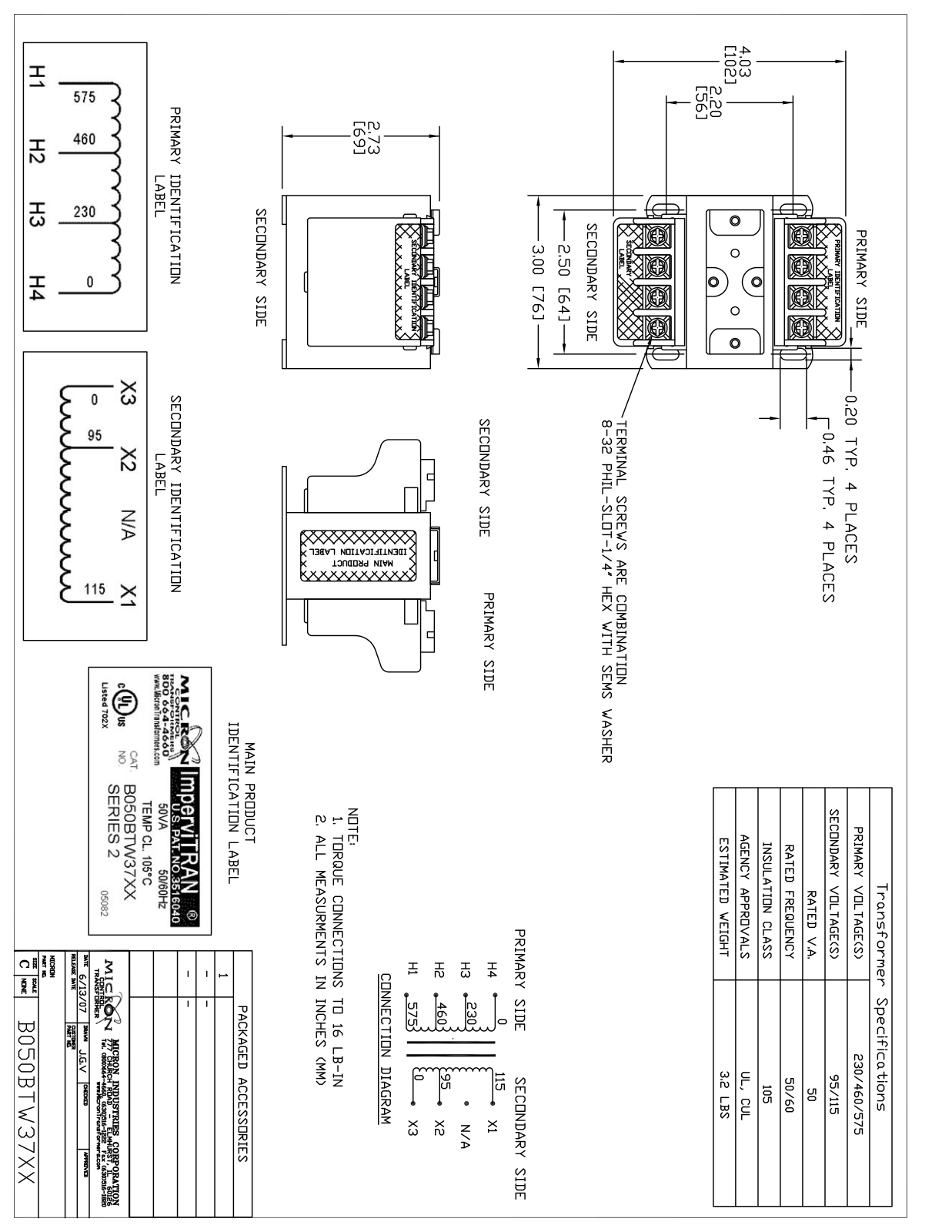 Micron Industries B050BTW37XX Specification Sheet