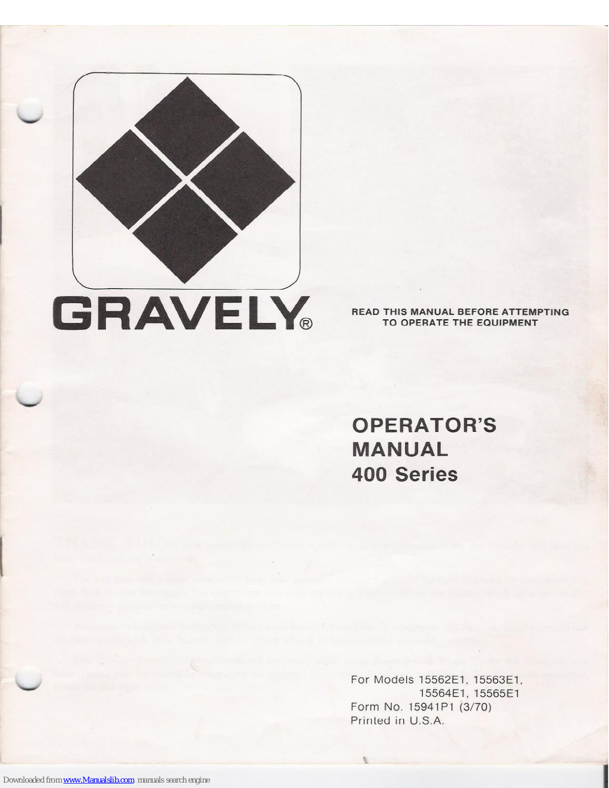 Gravely 400 SERIES, 15562E1, 15563E1, 15564E1, 15565E1 Operator's Manual