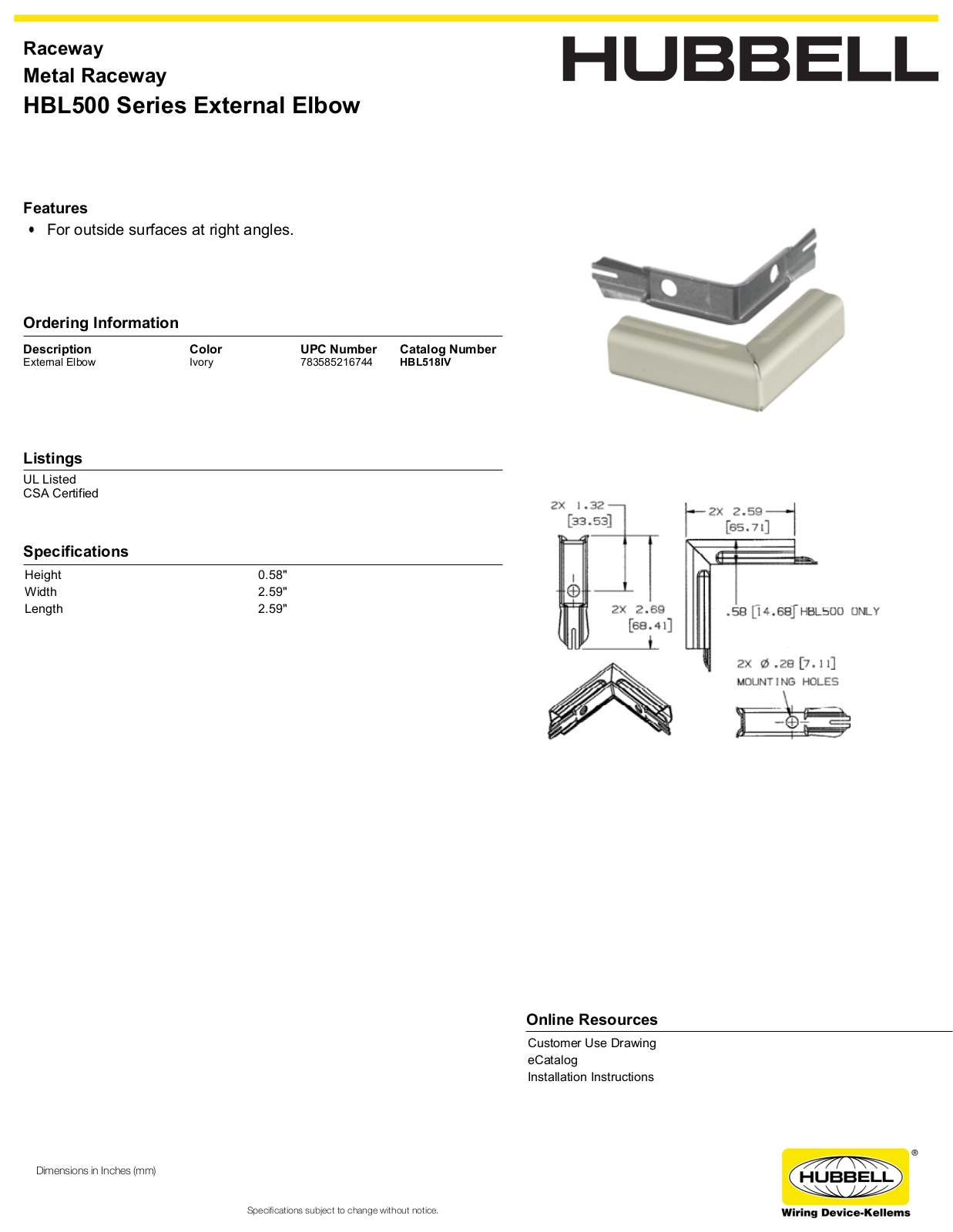 Hubbell HBL518IV Specifications