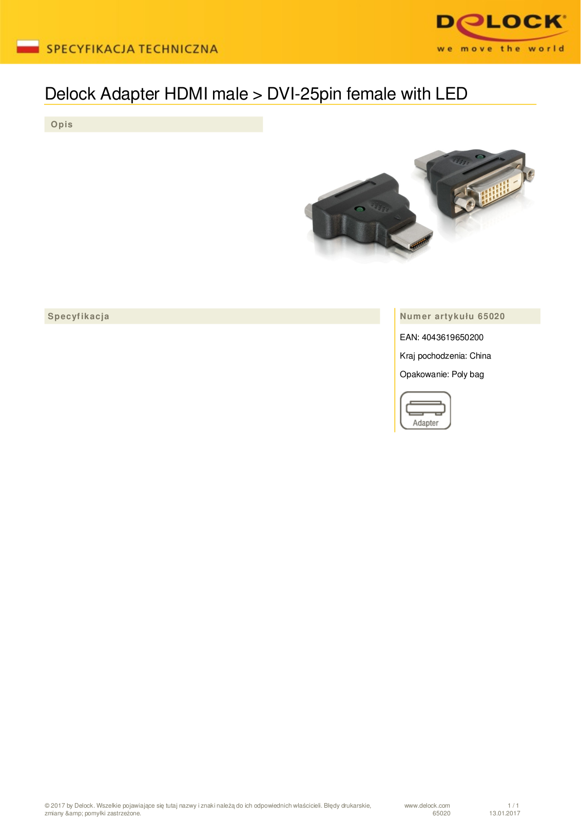 DeLOCK HDMI  plug  on DVI-D  socket  adapter User Manual