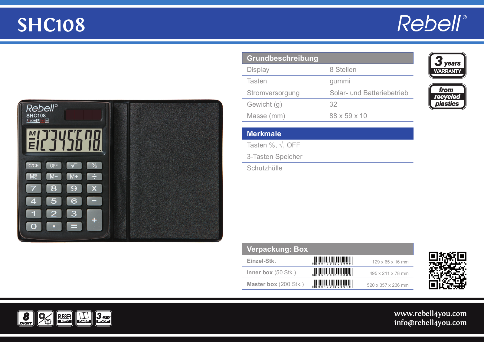 Rebell SHC 108 Technical data