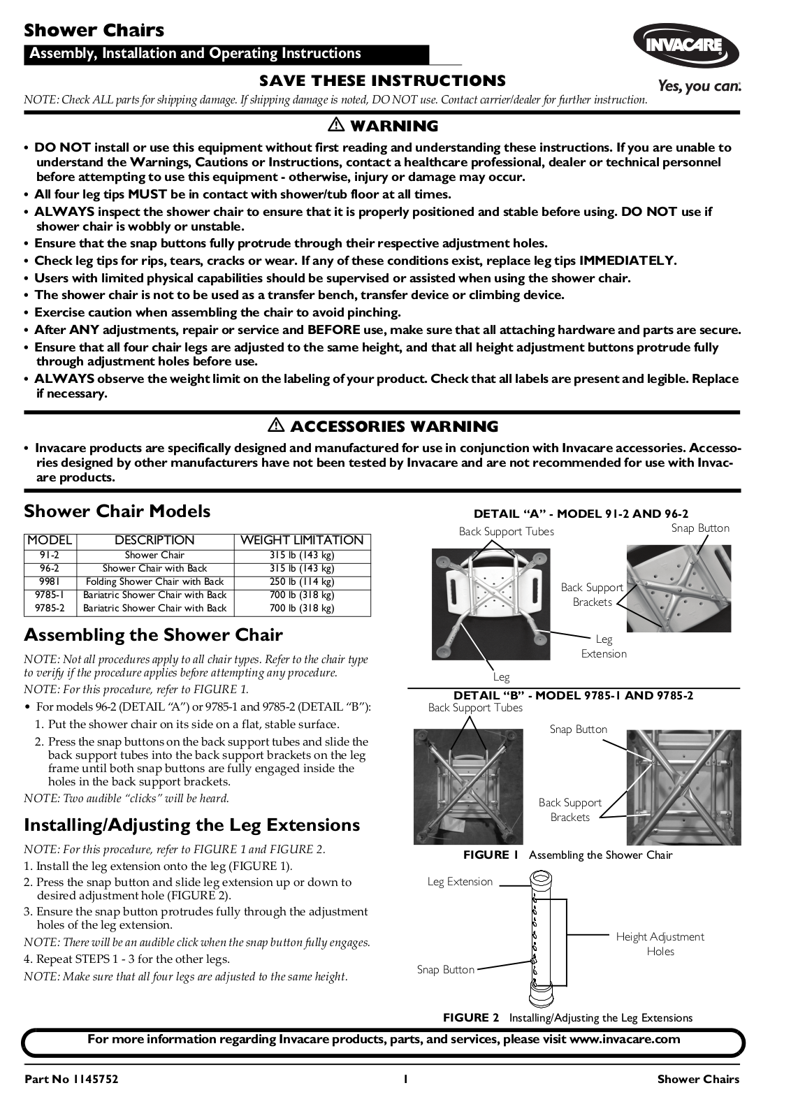 Invacare 9785-1, 9785-2, 96-2, 9981, 91-2 User Manual